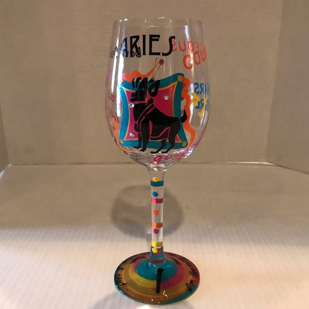 Lolita Hand Painted Wine Glass - Aries -Love My Sign 15 Oz.